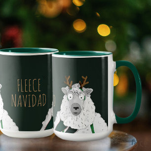 'Fleece Navidad' Funny Festive Sheep Cartoon Green Mug
