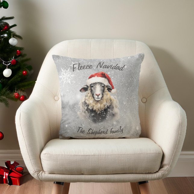 Fleece Navidad Holiday Grey Red Sheep Throw Pillow (Creator Uploaded)