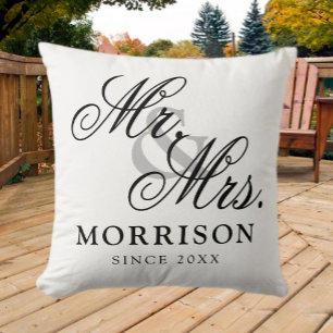 Flemish Minimalist Elegant Script Mr and Mrs Cushion