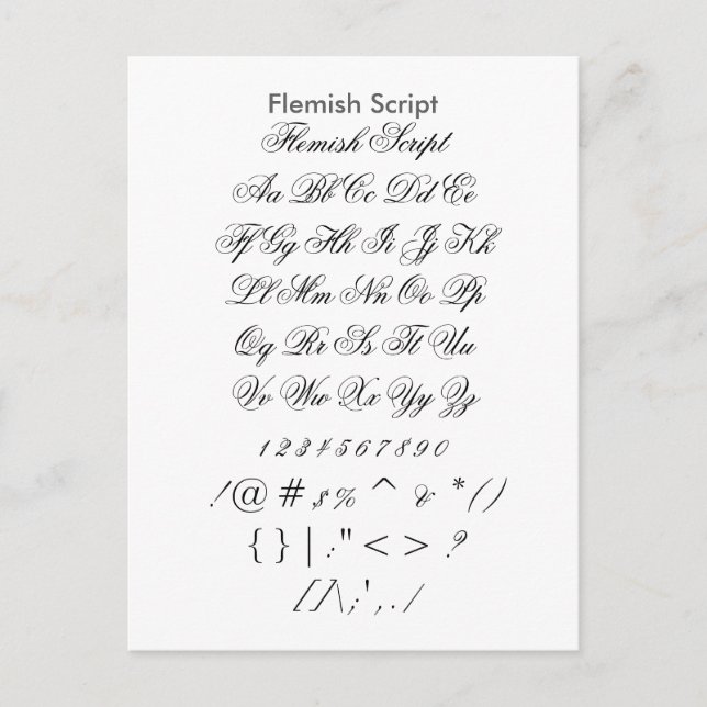 Flemish Script - Zazzle Font Sampler Sheet Postcard (Front)