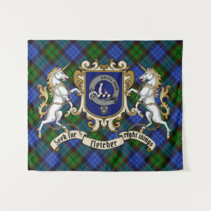Fletcher Clan Badge & Unicorns w/Tartan  Tapestry