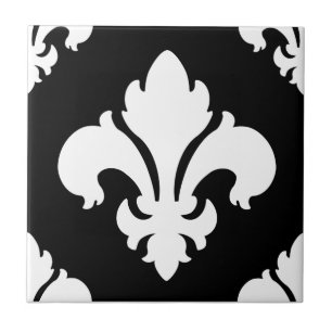 Fleur De Lis 2 Black and White Ceramic Tile