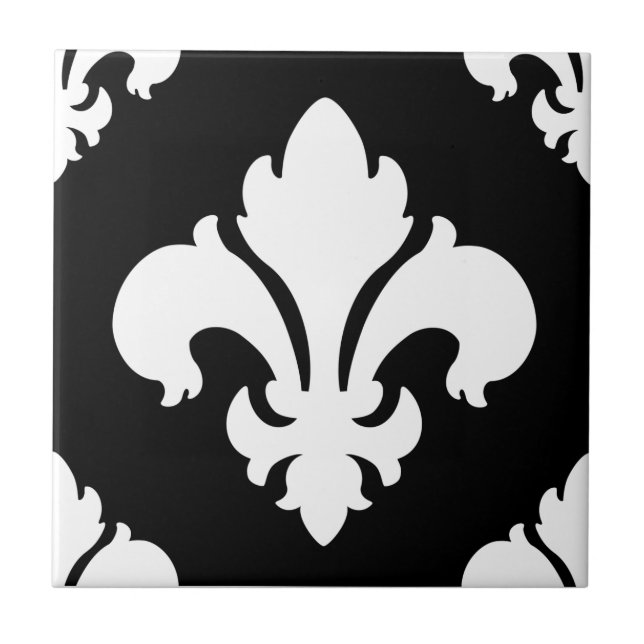 Fleur De Lis 2 Black and White Ceramic Tile (Front)