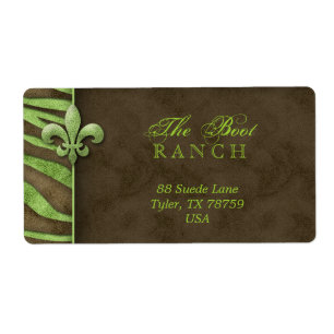 Fleur de Lis Address Label Lime Brown Zebra Suede