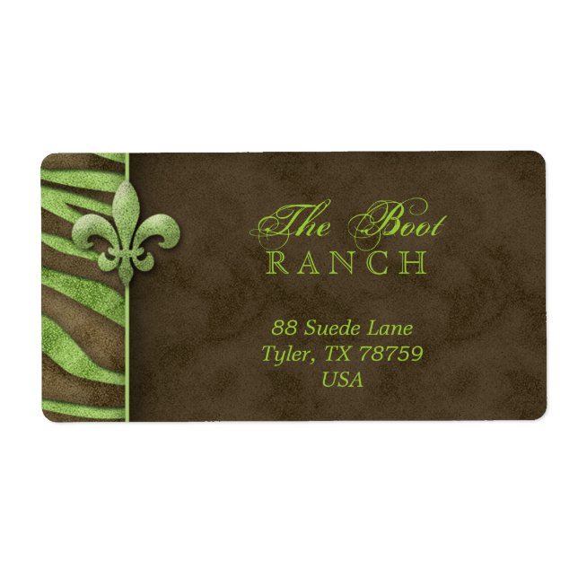Fleur de Lis Address Label Lime Brown Zebra Suede (Front)