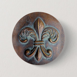 Fleur De Lis, Aged Copper-Look Printed 6 Cm Round Badge
