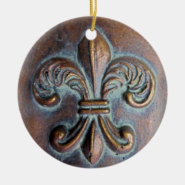 Fleur De Lis, Aged Copper-Look Printed Ceramic Ornament (Front)