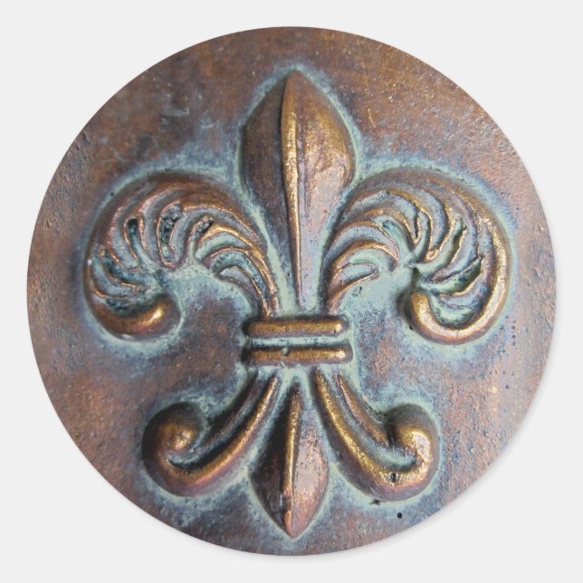 Fleur De Lis, Aged Copper-Look Printed Classic Round Sticker (Front)