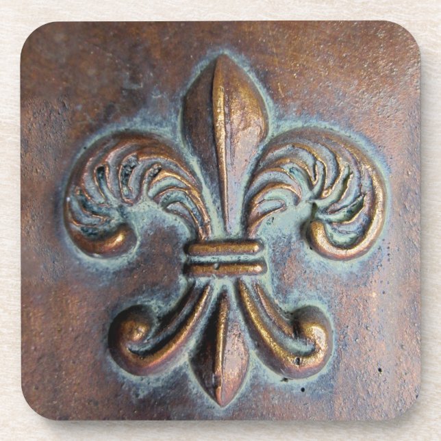 Fleur De Lis, Aged Copper-Look Printed Coaster (Front)