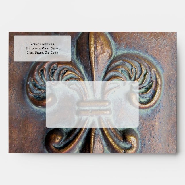 Fleur De Lis, Aged Copper-Look Printed Envelopes (Front)