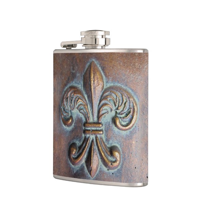 Fleur De Lis, Aged Copper-Look Printed Hip Flask (Left)