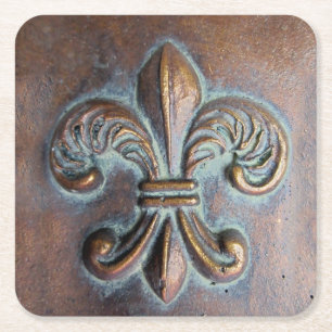 Fleur De Lis, Aged Copper-Look Printed Square Paper Coaster