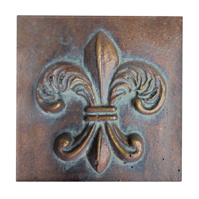 Fleur De Lis, Aged Copper-Look Printed Tile (Front)