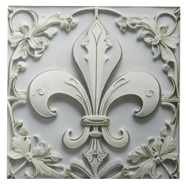 Fleur de Lis Antique Grey Grey Faux Relief Ceramic Tile (Front)