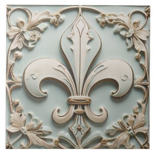 Fleur de Lis Antique Pastel Light Mint Faux Relief Ceramic Tile