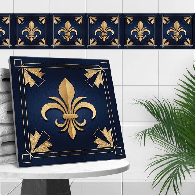 Fleur-De-Lis - Art Deco - Blue and Gold Ceramic Tile (Creator Uploaded)