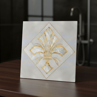 Fleur-de-lis Art Deco - pearl and gold Ceramic Tile