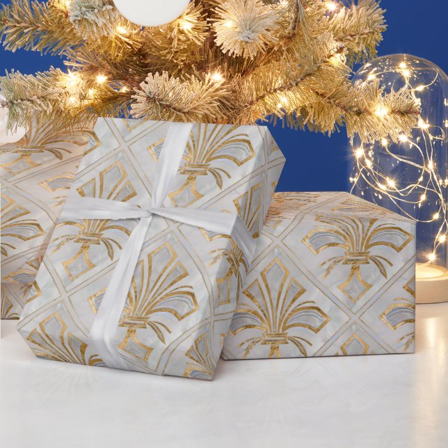 Fleur-de-lis Art Deco - pearl and gold Wrapping Paper (Holidays)