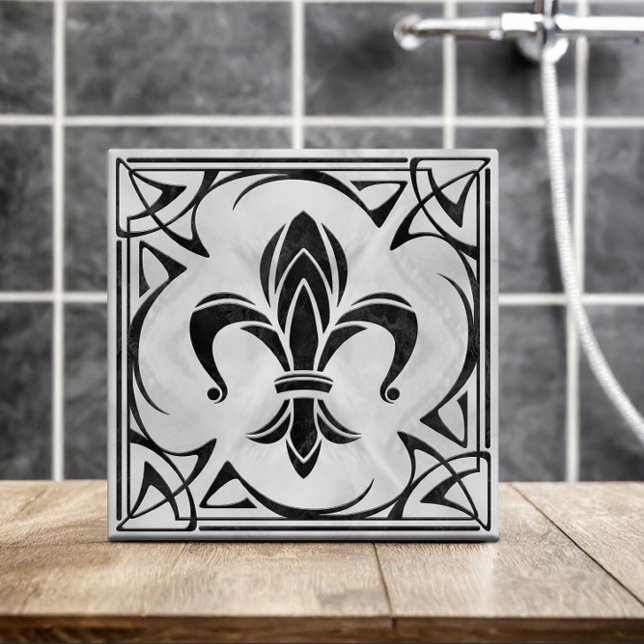 Fleur-De-Lis - Art Nouveau -Black Marble and Pearl Ceramic Tile (Creator Uploaded)