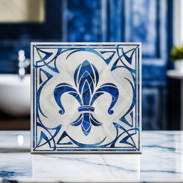Fleur-De-Lis - Art Nouveau - Blue Marble and pearl Ceramic Tile (Creator Uploaded)