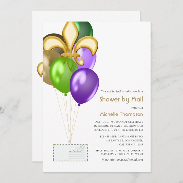 Fleur de Lis Balloon Baby or Bridal Shower by Mail Invitation (Front/Back)