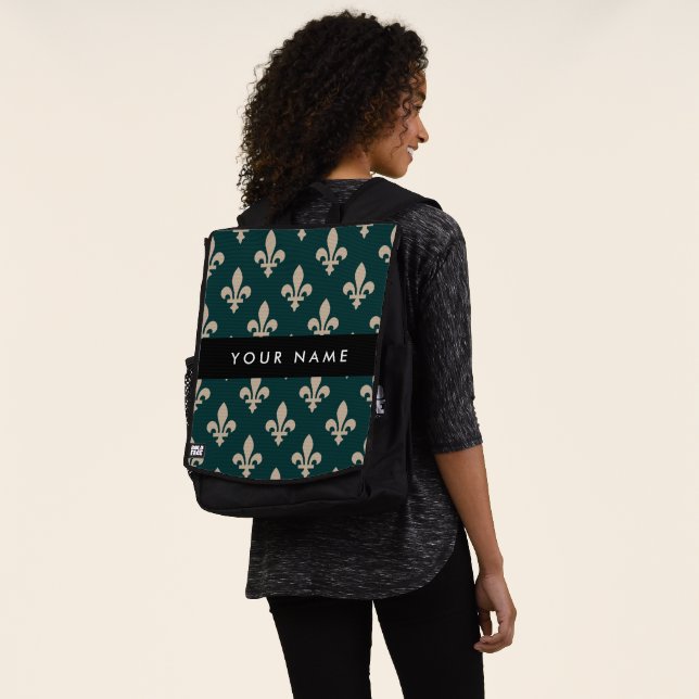 Fleur de Lis, Beige on Green, Royal, Your Name Backpack (Worn)