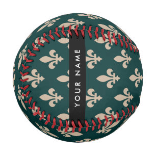 Fleur de Lis, Beige on Green, Royal, Your Name Baseball