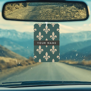 Fleur de Lis, Beige on Green, Royal, Your Name Car Air Freshener