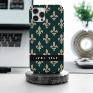 Fleur de Lis, Beige on Green, Royal, Your Name iPhone 15 Pro Max Case