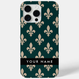 Fleur de Lis, Beige on Green, Royal, Your Name iPhone 15 Pro Max Case