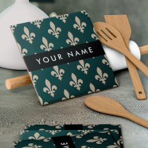 Fleur de Lis, Beige on Green, Royal, Your Name