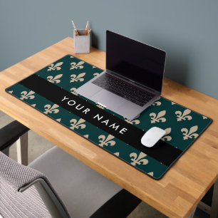 Fleur de Lis, Beige on Green, Royal, Your Name Desk Mat