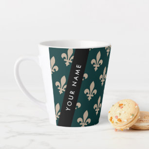 Fleur de Lis, Beige on Green, Royal, Your Name Latte Mug