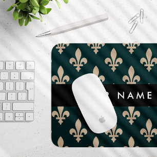 Fleur de Lis, Beige on Green, Royal, Your Name Mouse Pad
