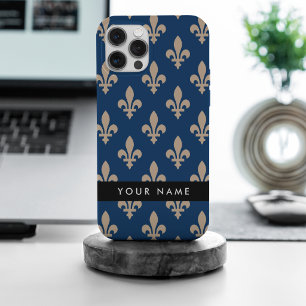 Fleur de Lis, Beige on Navy Blue, Royal, Your Name iPhone 15 Pro Max Case