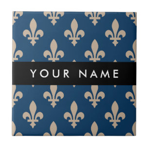 Fleur de Lis, Beige on Navy Blue, Royal, Your Name Ceramic Tile