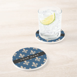 Fleur de Lis, Beige on Navy Blue, Royal, Your Name Coaster