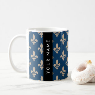 Fleur de Lis, Beige on Navy Blue, Royal, Your Name Coffee Mug