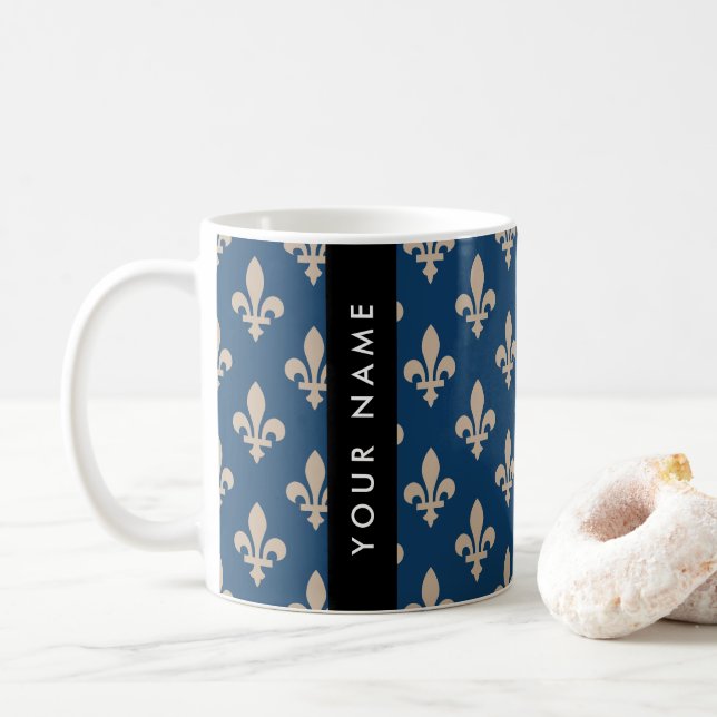Fleur de Lis, Beige on Navy Blue, Royal, Your Name Coffee Mug (With Donut)