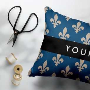 Fleur de Lis, Beige on Navy Blue, Royal, Your Name Decorative Cushion