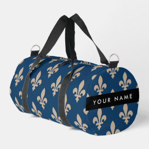Fleur de Lis, Beige on Navy Blue, Royal, Your Name Duffle Bag
