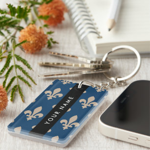 Fleur de Lis, Beige on Navy Blue, Royal, Your Name Key Ring