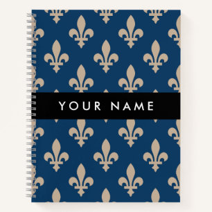 Fleur de Lis, Beige on Navy Blue, Royal, Your Name Notebook