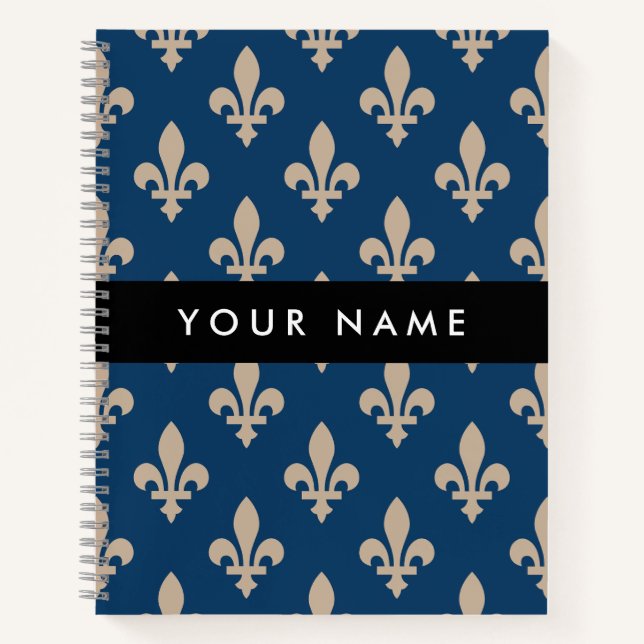 Fleur de Lis, Beige on Navy Blue, Royal, Your Name Notebook (Front)