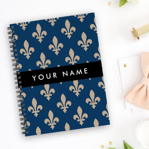 Fleur de Lis, Beige on Navy Blue, Royal, Your Name Notebook