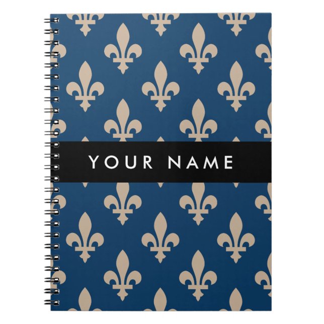 Fleur de Lis, Beige on Navy Blue, Royal, Your Name Notebook (Front)