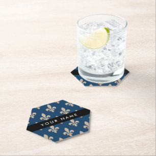 Fleur de Lis, Beige on Navy Blue, Royal, Your Name Paper Coaster