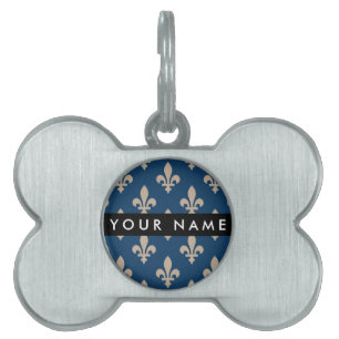 Fleur de Lis, Beige on Navy Blue, Royal, Your Name Pet ID Tag