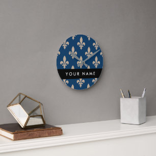 Fleur de Lis, Beige on Navy Blue, Royal, Your Name Round Clock