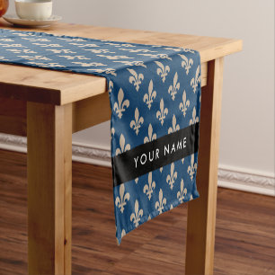 Fleur de Lis, Beige on Navy Blue, Royal, Your Name Short Table Runner